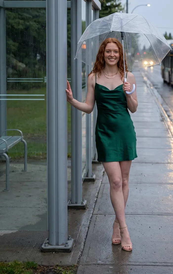 A woman at a bus shelter with a clear umbrella