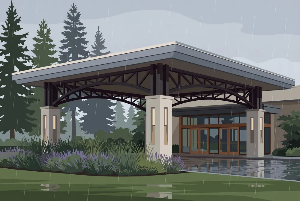 Casino entrance canopy after rain