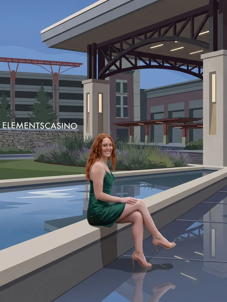 A woman under the casino entrance canopy